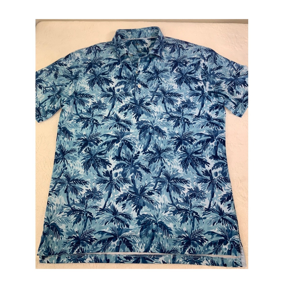 Johnnie-O PREP-FORMANCE Mens Blue Palm Tree Print Polo Shirt Size M Stretch Golf